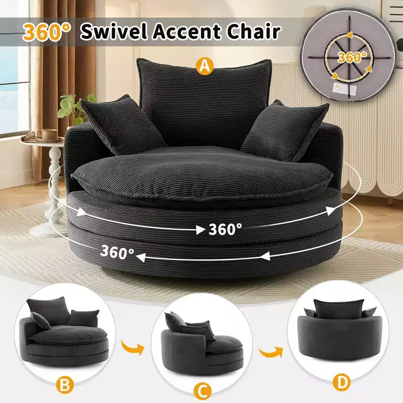 Fauteuil d’appoint pivotant à 360°, fauteuil tonneau rond pivotant avec coussin pour le salon