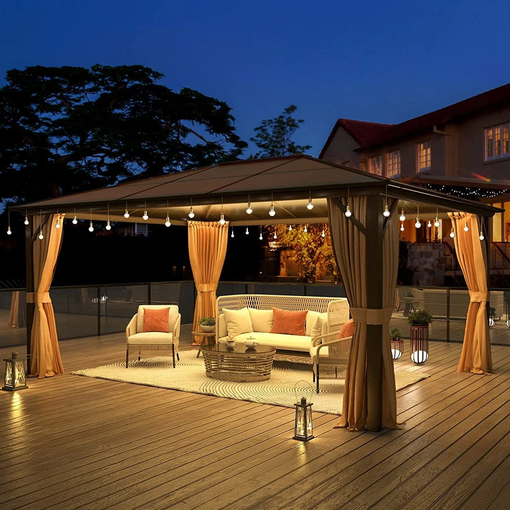Gazebo EROMMY con tetto rigido, pergola da esterno con doppio tetto, rete e tende, copertura robusta per patio, giardino e feste in piscina