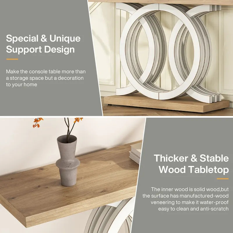 Table console vintage en bois pour couloir, avec piètement géométrique