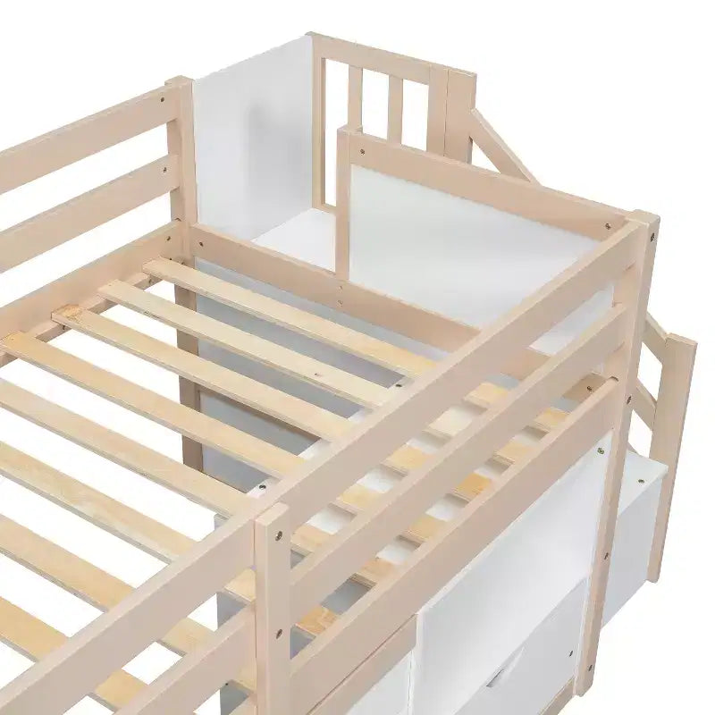 Lit mezzanine bas en bois massif, format simple, 94.6L x 42.3W, avec escalier, tiroir et étagère, design moderne et épuré