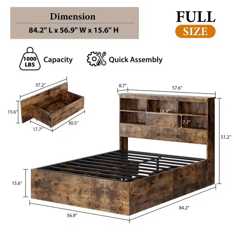 Struttura letto matrimoniale con testiera contenitore, in legno, con 4 cassetti, libreria contenitore e letto matrimoniale king size con robusto supporto in metallo