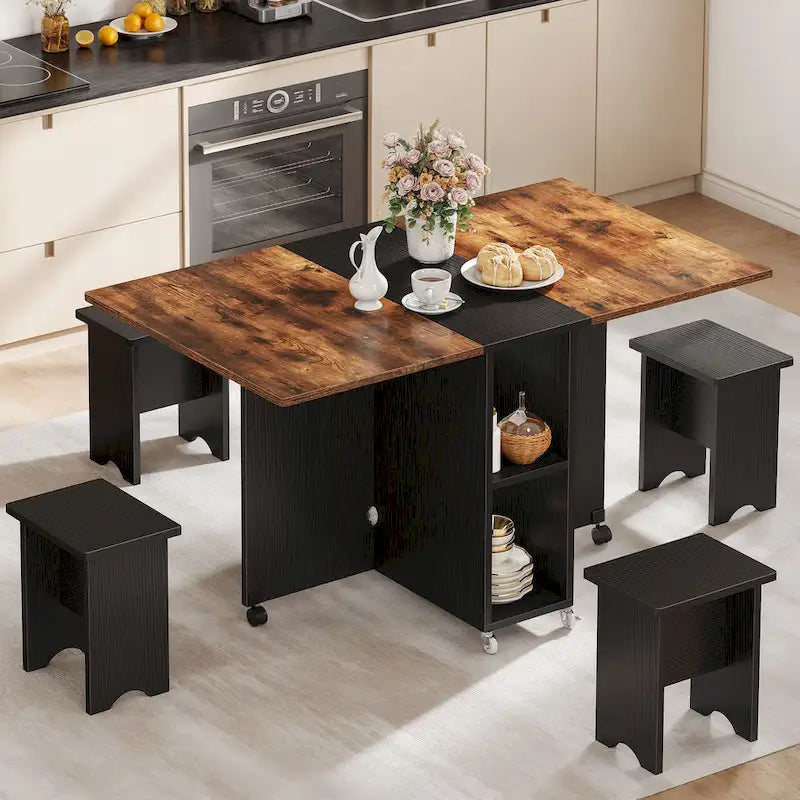 Set da pranzo pieghevole Moasis da 5 o 7 pezzi, con tavolo a ribalta e sgabelli contenitore per un massimo di 6 persone