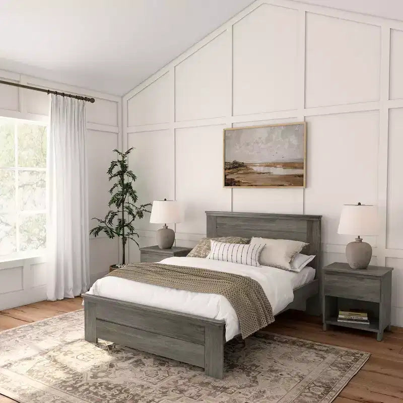 Plank+Beam landelijke bedframe in tweepersoonsformaat met hoofdbord, platformbed van massief hout