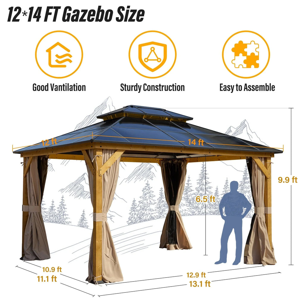 Gazebo EROMMY con tetto rigido, pergola da esterno con doppio tetto, rete e tende, copertura robusta per patio, giardino e feste in piscina