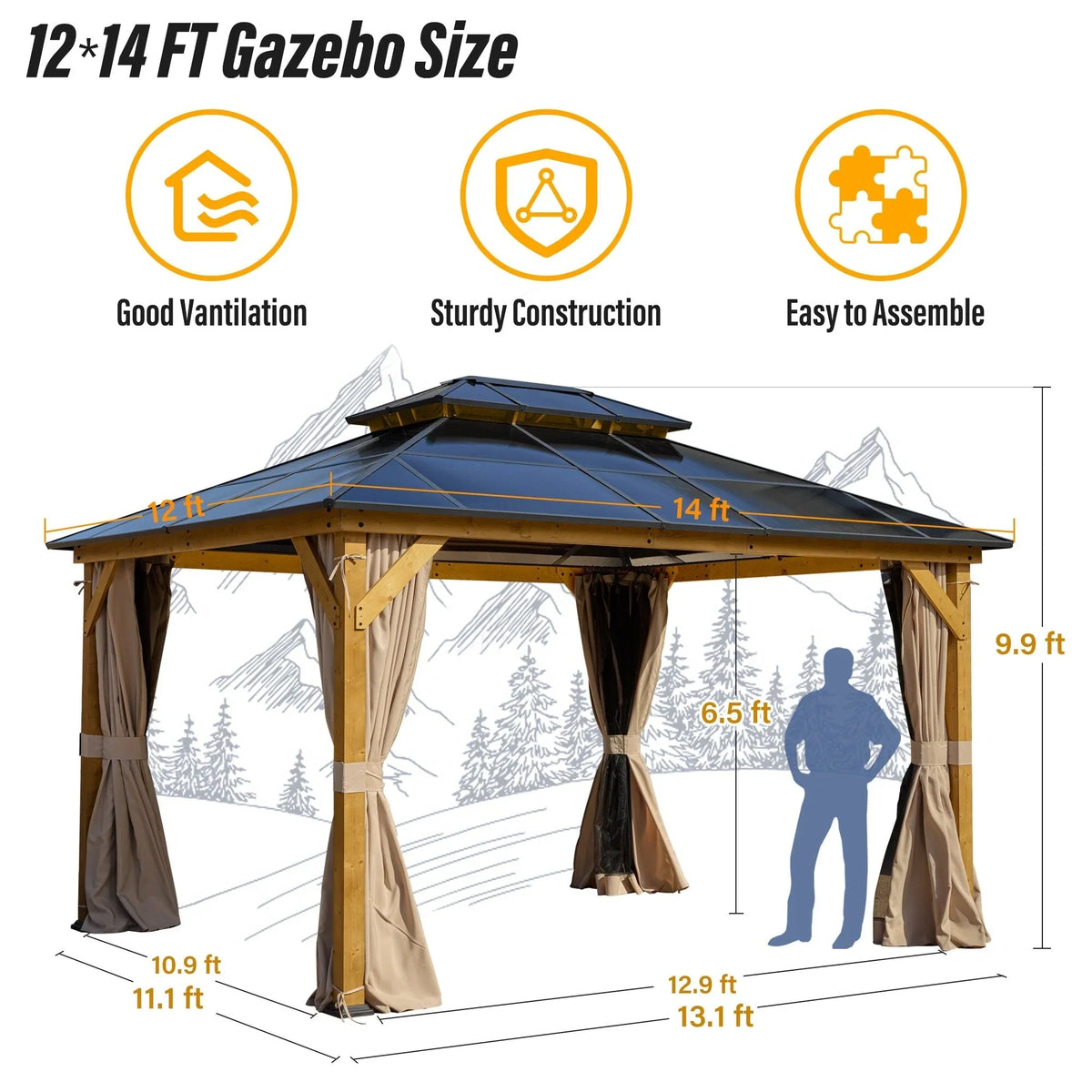 Gazebo EROMMY con tetto rigido, pergola da esterno con doppio tetto, rete e tende, copertura robusta per patio, giardino e feste in piscina