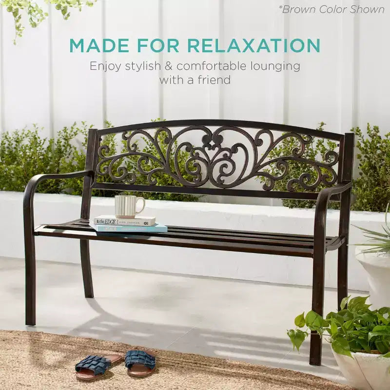 Best Choice Products Gartenbank aus Stahl für Terrasse und Veranda mit floral gestaltetem Rückenteil