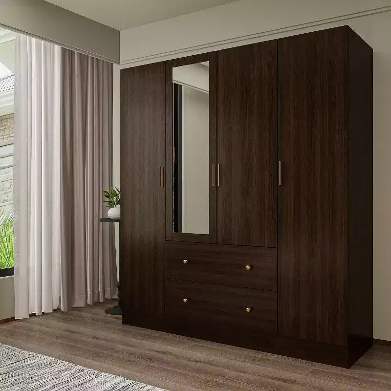 Armoire Hitow avec 2 grands tiroirs, espace central pour suspendre les vêtements et miroir, style minimaliste