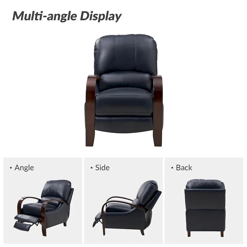 Alex handmatige relaxfauteuil van echt sigarenkleurig leer in mid-century moderne stijl, met gebogen houten armleuningen