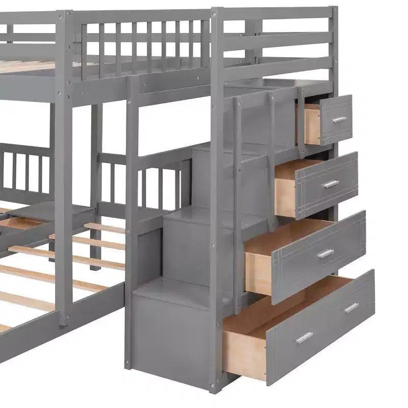 Lit superposé Whisen avec lit double au-dessus de deux lits simples, en bois, avec tiroirs et barrières de sécurité