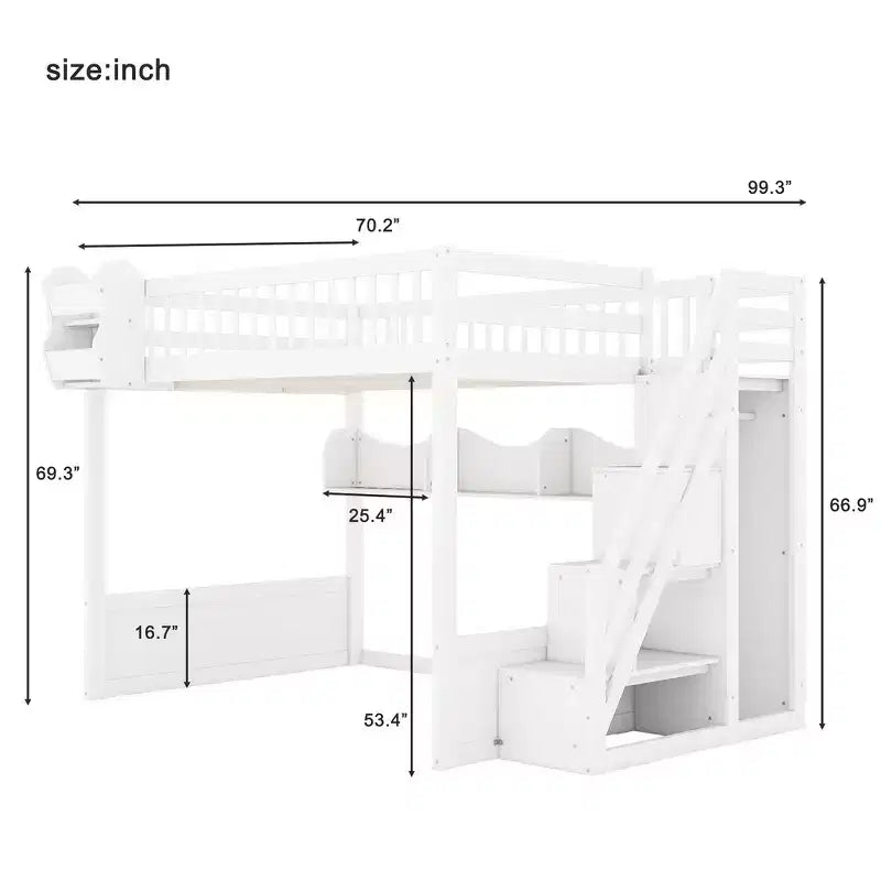 Queensize-Hochbett mit Treppe, Kleiderschrank und Ablagefächern - MDF, 650 lb
