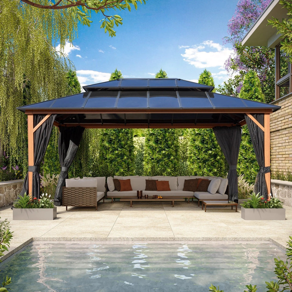 Gazebo EROMMY con tetto rigido, pergola da esterno con doppio tetto, rete e tende, copertura robusta per patio, giardino e feste in piscina