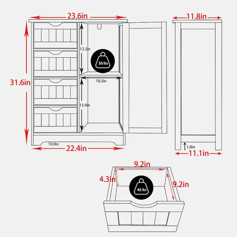 Meuble de rangement de salle de bain sur pieds VEIKOUS avec 4 tiroirs