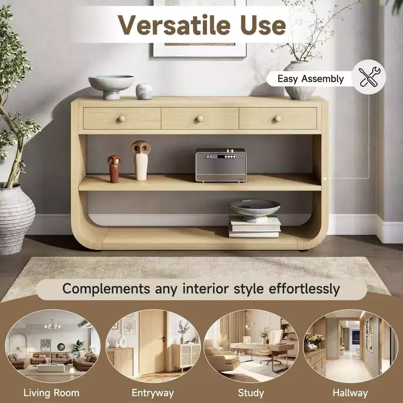 Tavolo consolle curvo ModernLuxe, tavolo d'ingresso, tavolino laterale per divano, espositore, tavolino d'accento con 3 cassetti a chiusura ammortizzata e 2 ripiani aperti