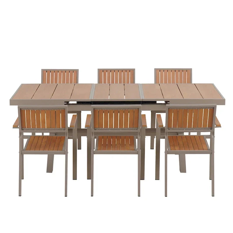 7-teiliges ausziehbares Outdoor-Essset mit ausziehbarem Tisch und 6 Armlehnstühlen