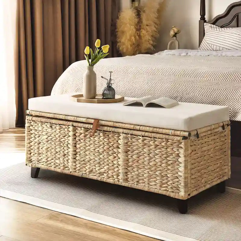 Banc de rangement en osier avec coussin pour chambre, salon ou véranda - 18.5 H X 43.3 W X 18.5 P