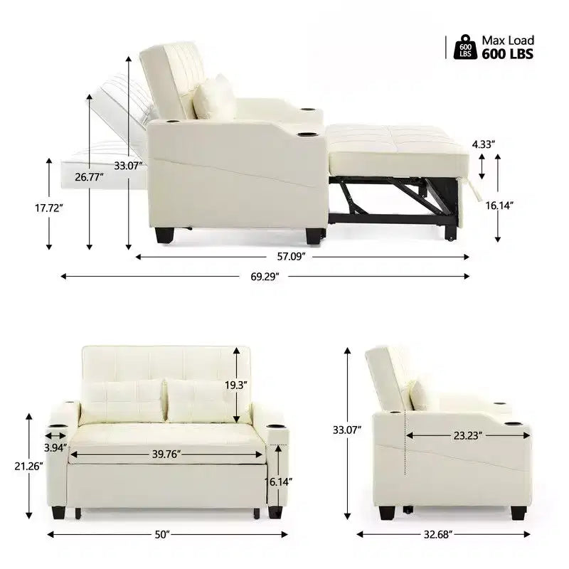 Gepolsterte, umwandelbare Schlafcouch mit Relaxfunktion aus Cat's-Claw-Leder, Kissen inklusive, für kleine Räume
