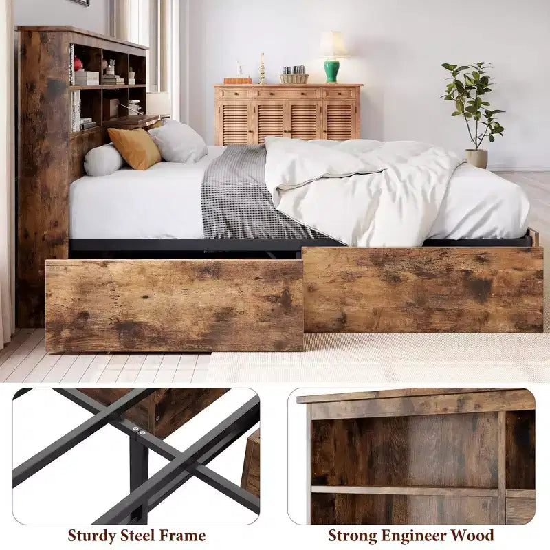 Struttura letto matrimoniale con testiera contenitore, in legno, con 4 cassetti, libreria contenitore e letto matrimoniale king size con robusto supporto in metallo