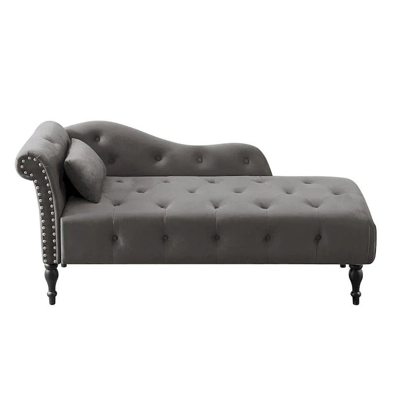 Moderne Chaiselongue, 60.6, mit Samtbezug, Knopfheftung, Beinen aus Massivholz und Ziernägeln