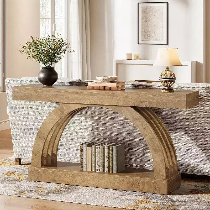 Lantine haltafel van 63 inch, banktafel met 2 niveaus voor achter de bank, smalle unieke console in boerderijstijl met boog voor de hal, woonkamer en entree, naturel