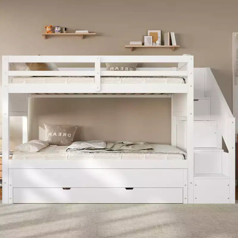 Struttura letto a castello singolo Whisen XL con letto estraibile, letto a castello con contenitore, legno massello, scala contenitore, armadio, 3 cassetti, per bambini