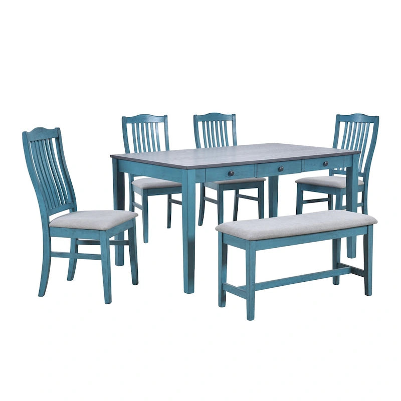 Ensemble de salle à manger en bois de 6 pièces avec 4 chaises et un banc, table avec tiroir