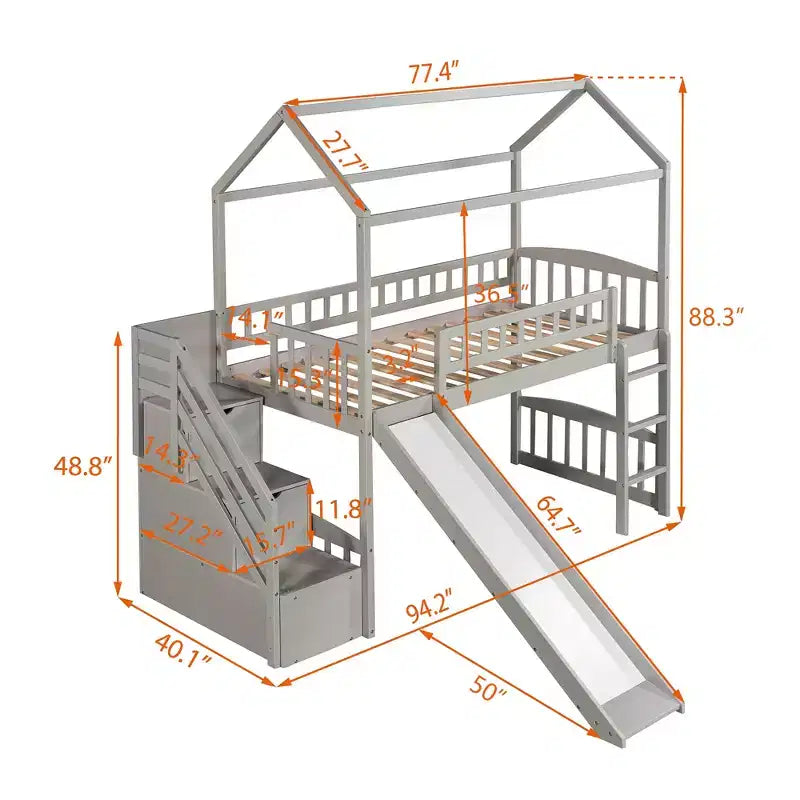 Halfhoogslaper in de vorm van een huis met glijbaan en trap, met opbergladen, houten hutbed voor kinderen en peuters
