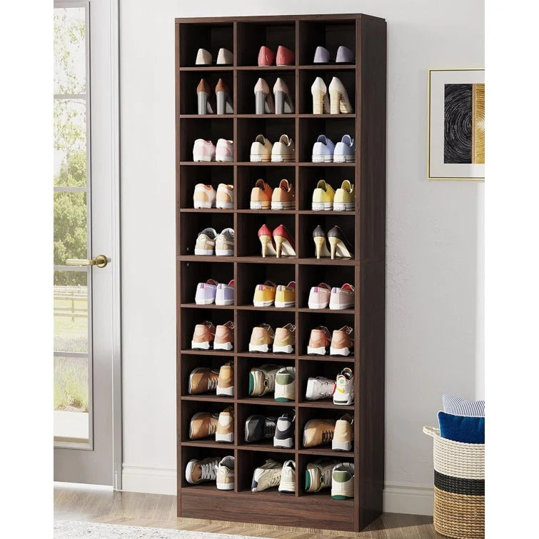 Meuble à chaussures haut pour 30 paires, meuble de rangement à 10 niveaux en bois blanc pour placard et entrée - 10 niveaux
