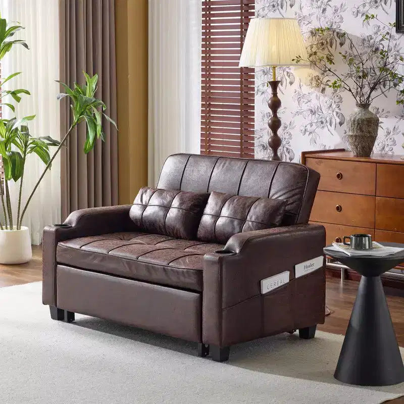 Gepolsterte, umwandelbare Schlafcouch mit Relaxfunktion aus Cat's-Claw-Leder, Kissen inklusive, für kleine Räume
