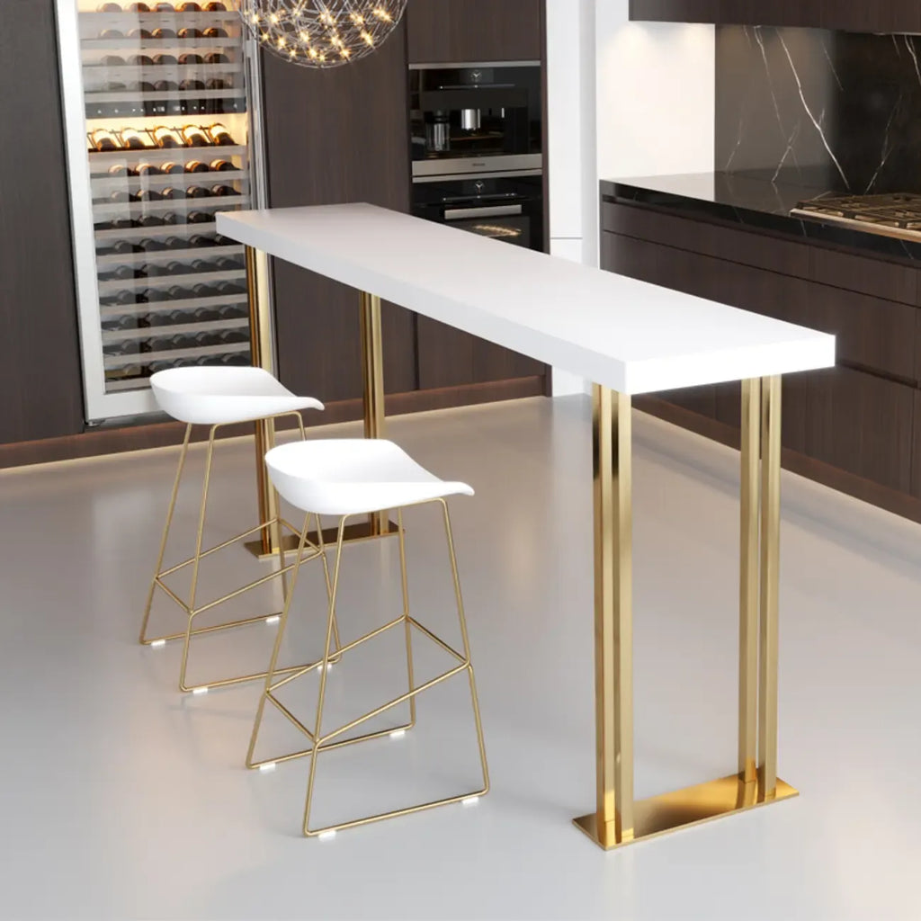 Tavolo da bar rettangolare di lusso in legno con base a slitta dorata per la sala da pranzo