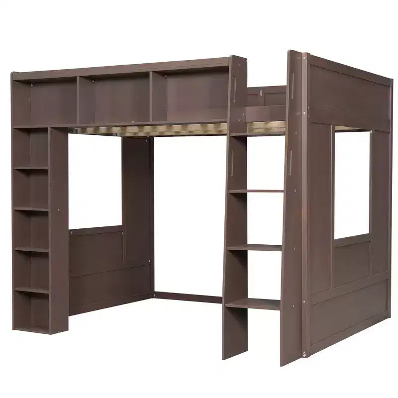 Struttura letto a soppalco in legno Whisen Queen Size con armadietti e ripiani contenitori