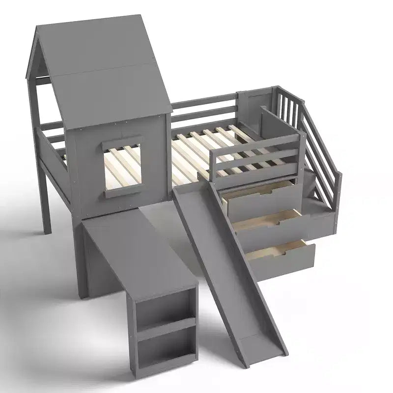 Einzel-Hochbett mit 3 Schubladen und Treppe mit Stauraum, Hausbett aus Holz mit Rutsche und abnehmbarem Schreibtisch