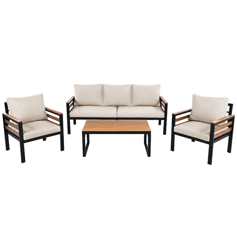 Ensemble de canapé d'extérieur 4 pièces pour 5 personnes, avec table basse en bois massif et coussins amovibles