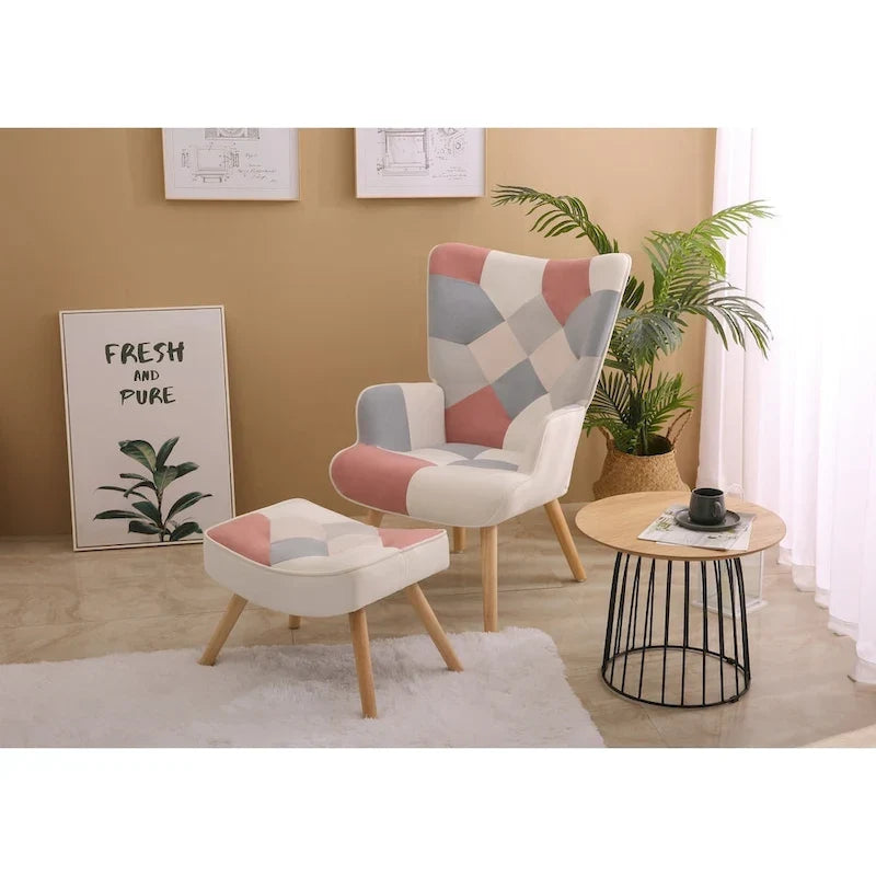 Akzentstuhl mit Hocker, Wohnzimmer-Stuhl- und Hocker-Set, bequemer Beistellsessel für das Schlafzimmer, kreativ zusammengesetzter Stoffbezug