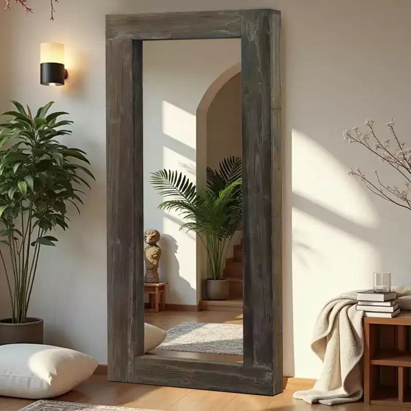 Miroir pleine longueur rectangulaire à angle droit en bois massif brun usé, 71x31 pouces (sans support)