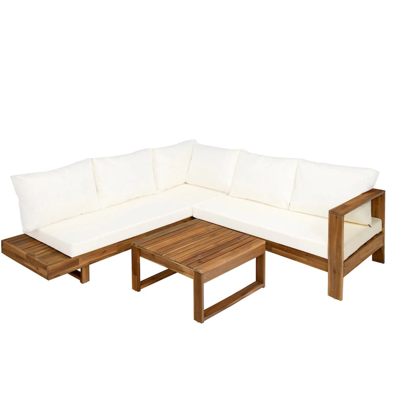 LSet di divani componibili angolari per patio con tavolo, chaise longue da esterno in legno, set conversazione da 4 pezzi