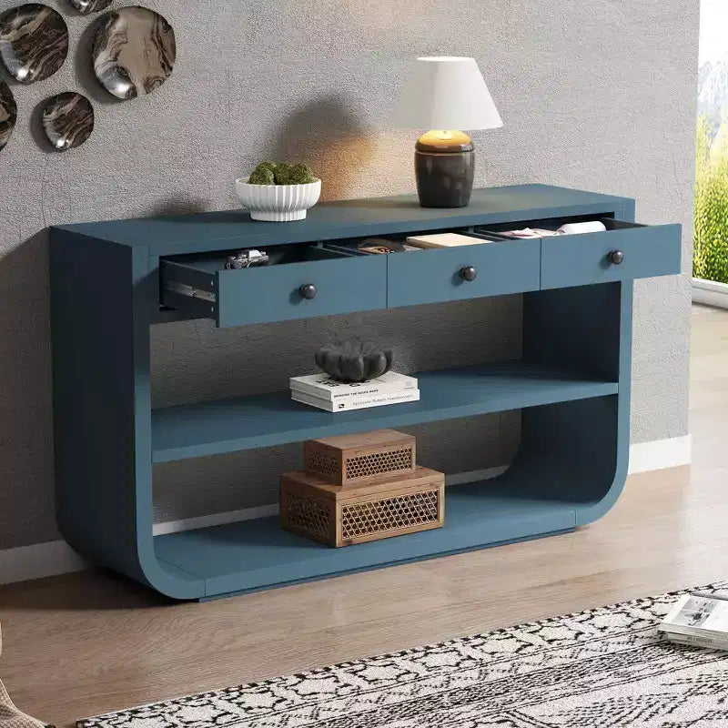 Tavolo consolle curvo ModernLuxe, tavolo d'ingresso, tavolino laterale per divano, espositore, tavolino d'accento con 3 cassetti a chiusura ammortizzata e 2 ripiani aperti