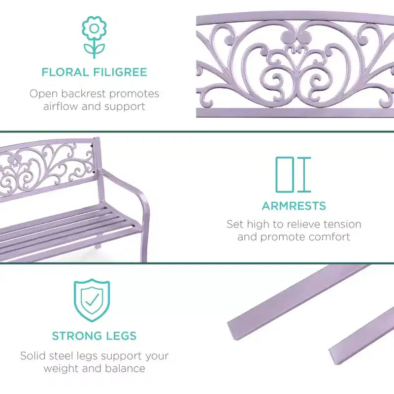Best Choice Products Gartenbank aus Stahl für Terrasse und Veranda mit floral gestaltetem Rückenteil