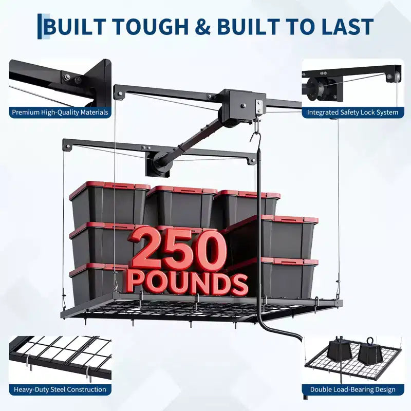 Support de rangement suspendu robuste et réglable pour garage, montage au plafond avec verrou de sécurité, capacité de 250 lb pour bacs, outils, vélos et articles de garage