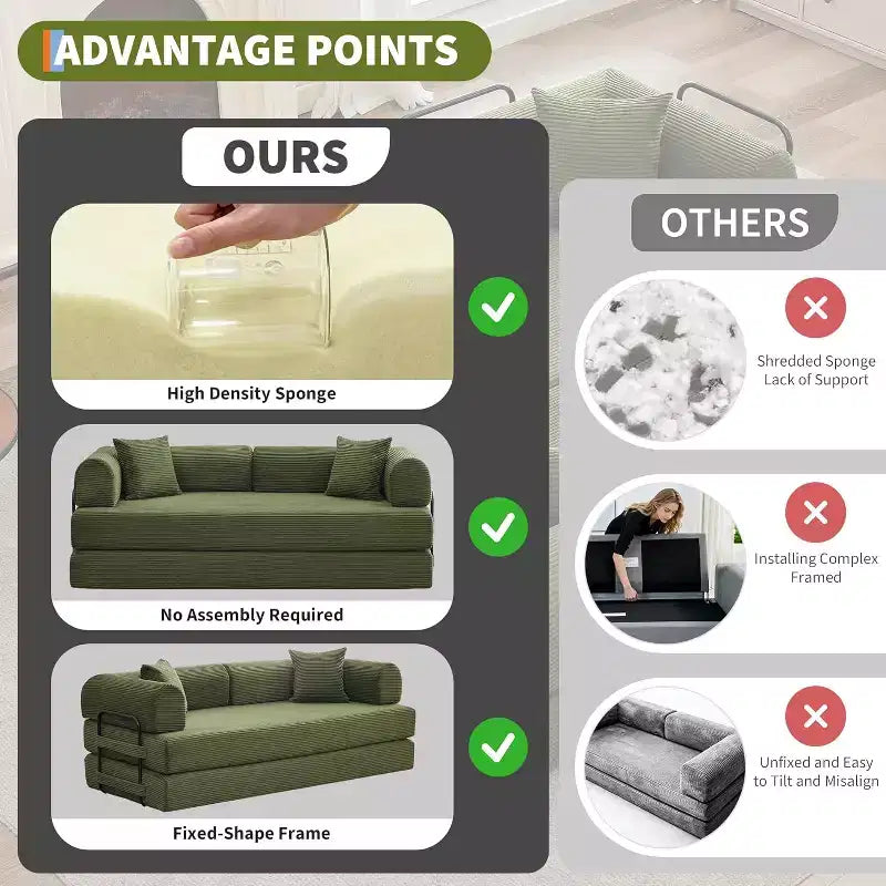 2-in-1-Schlafsofa, bequemes Klappsofa aus Cord mit tiefer Sitzfläche und breiten Armlehnen, Sofa ohne Gestell, für Wohnzimmer und Wohnungen