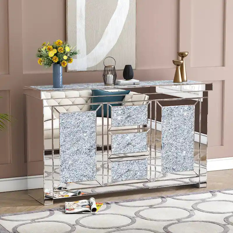 Credenza decorativa glam a specchio con motivo a rombi e 3 cassetti