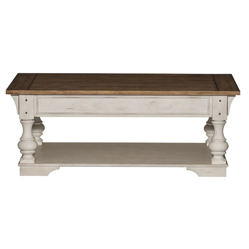 Table basse cocktail Morgan Creek blanc antique, accents brossés à fil ouvert couleur tabac