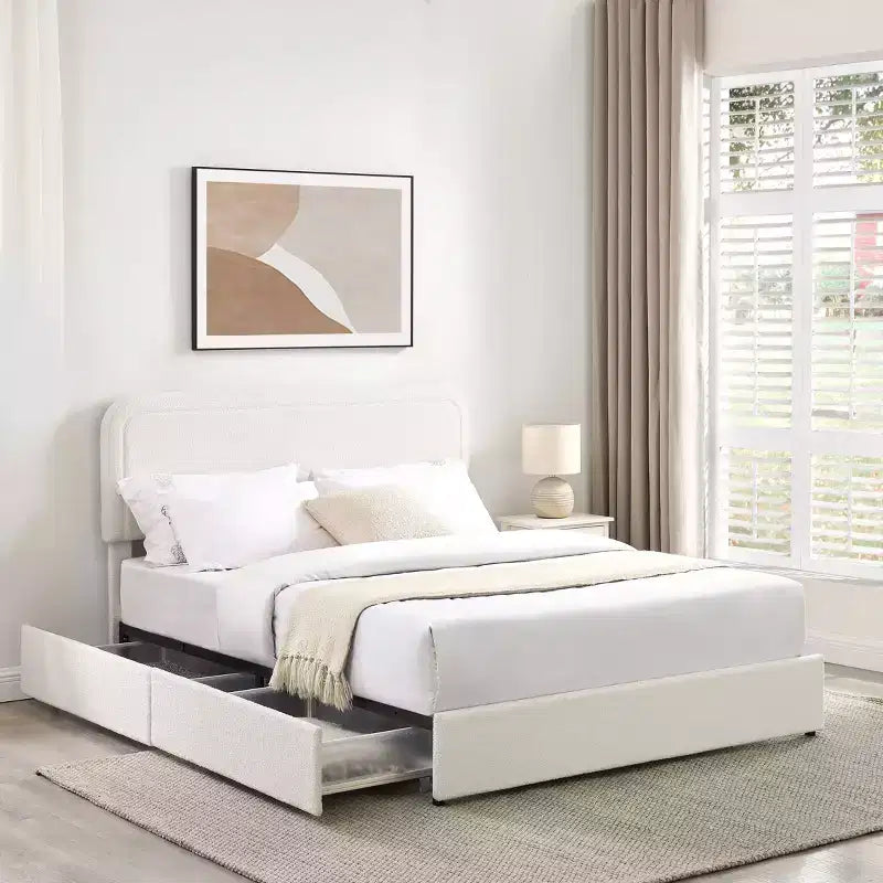 Lit moderne grand format queen en tissu bouclé avec tiroirs de rangement