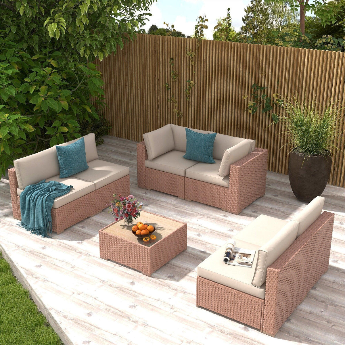 7-teiliges Outdoor-Ecksofaset aus Rattan und Stahl mit Kissen