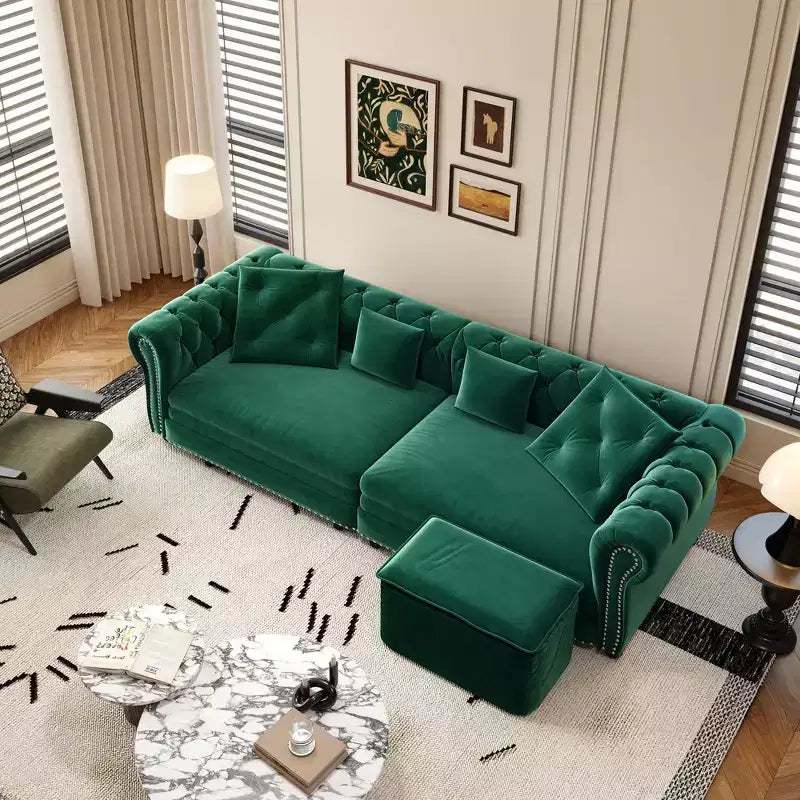 Canapé-lit convertible 3-en-1 Whisen en velours, format king size, avec pouf mobile, design capitonné