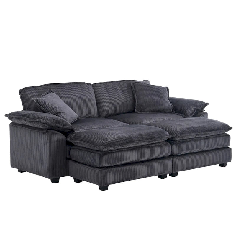Modernes 2-Sitzer-Cordsofa mit 4 Stützkissen und 2 Hockern