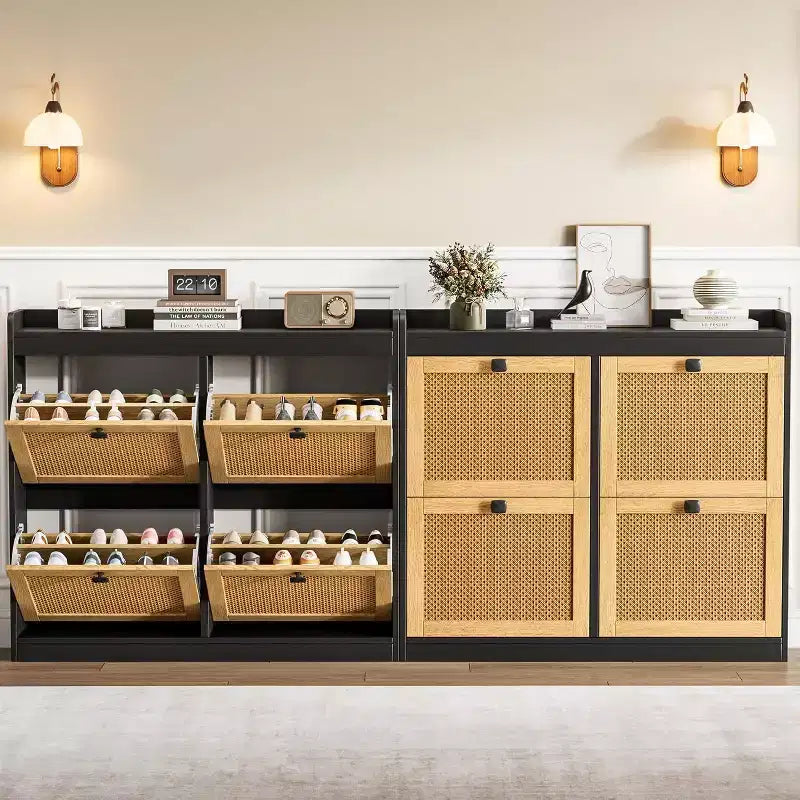 Meuble à chaussures en rotin avec 4 abattants, rangement à chaussures autoportant en bois avec étagères réglables, pour entrée, placard et couloir