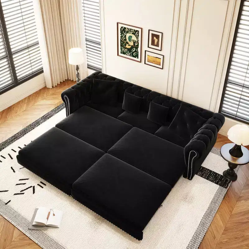 Canapé-lit convertible 3-en-1 Whisen en velours, format king size, avec pouf mobile, design capitonné