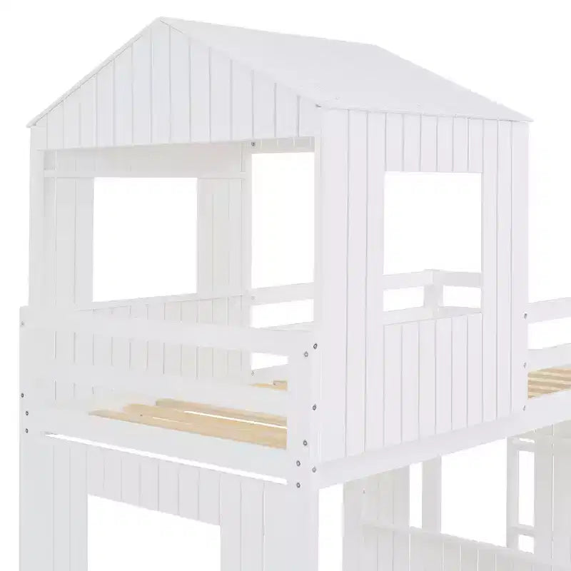 Letto a castello in legno Luxystar con letto singolo sopra e matrimoniale sotto, casetta, scivolo e sponde di sicurezza
