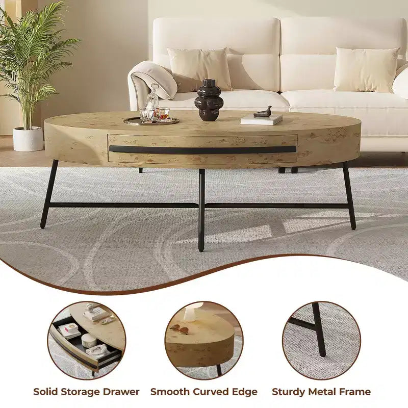 Ovaler Couchtisch mit Schublade, Mid-Century-Modern-Beistelltisch, 47.2, Couchtisch aus Holz mit Stauraum und gekreuzten Metallbeinen, geschwungenes Design