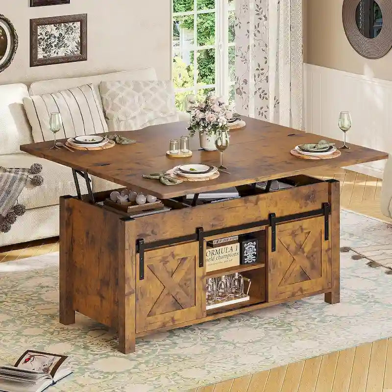 Table basse relevable avec 2 portes coulissantes de style grange, rangement et table à manger